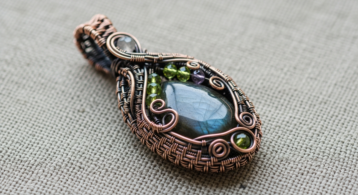 handmade jewelry Close-up of a handmade jewelry piece featuring delicate wire wrapping and natural gemstones, displayed on a textured linen surface with soft natural light