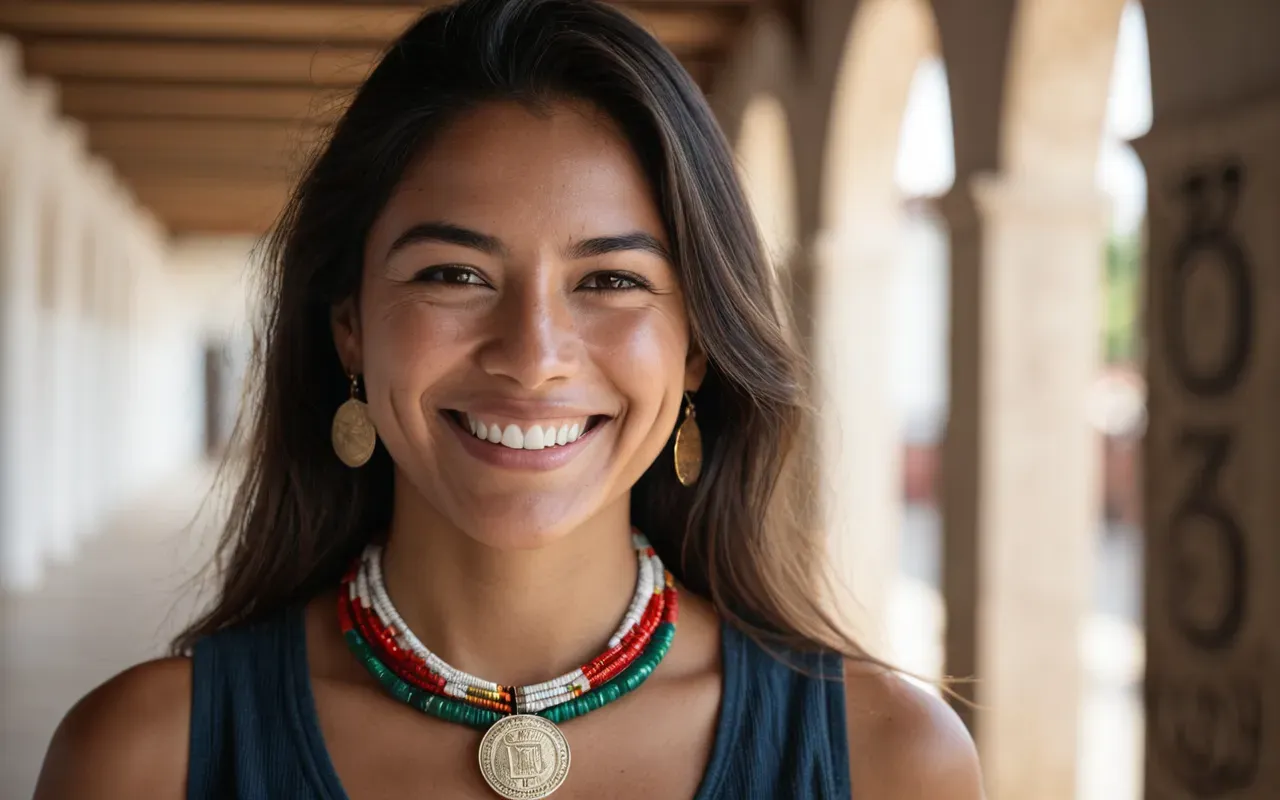 handmade necklace Close-up of a woman smiling while wearing a unique handmade necklace, soft natural lighting, minimalist background, editorial photography