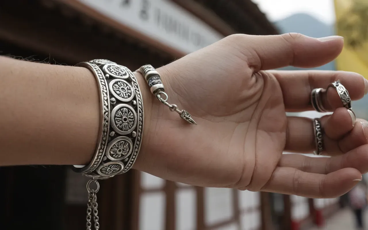 handmade bracelet Close-up of a woman's hands holding a delicate handmade silver bracelet with intricate details, soft natural lighting, minimalist background