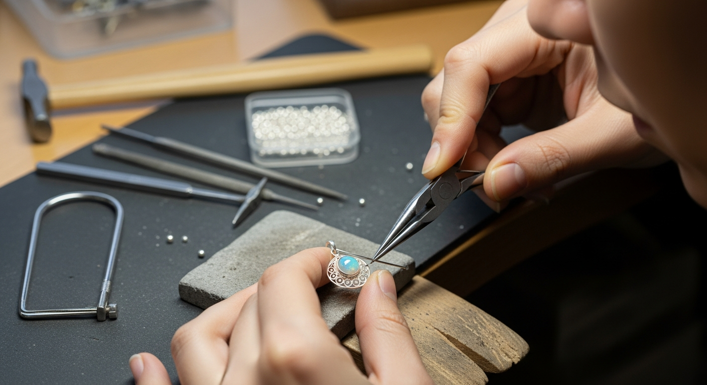 artisan craftsmanship Close-up of an artisan meticulously hand-crafting a delicate pendant in a well-lit studio, emphasizing detailed craftsmanship and natural materials