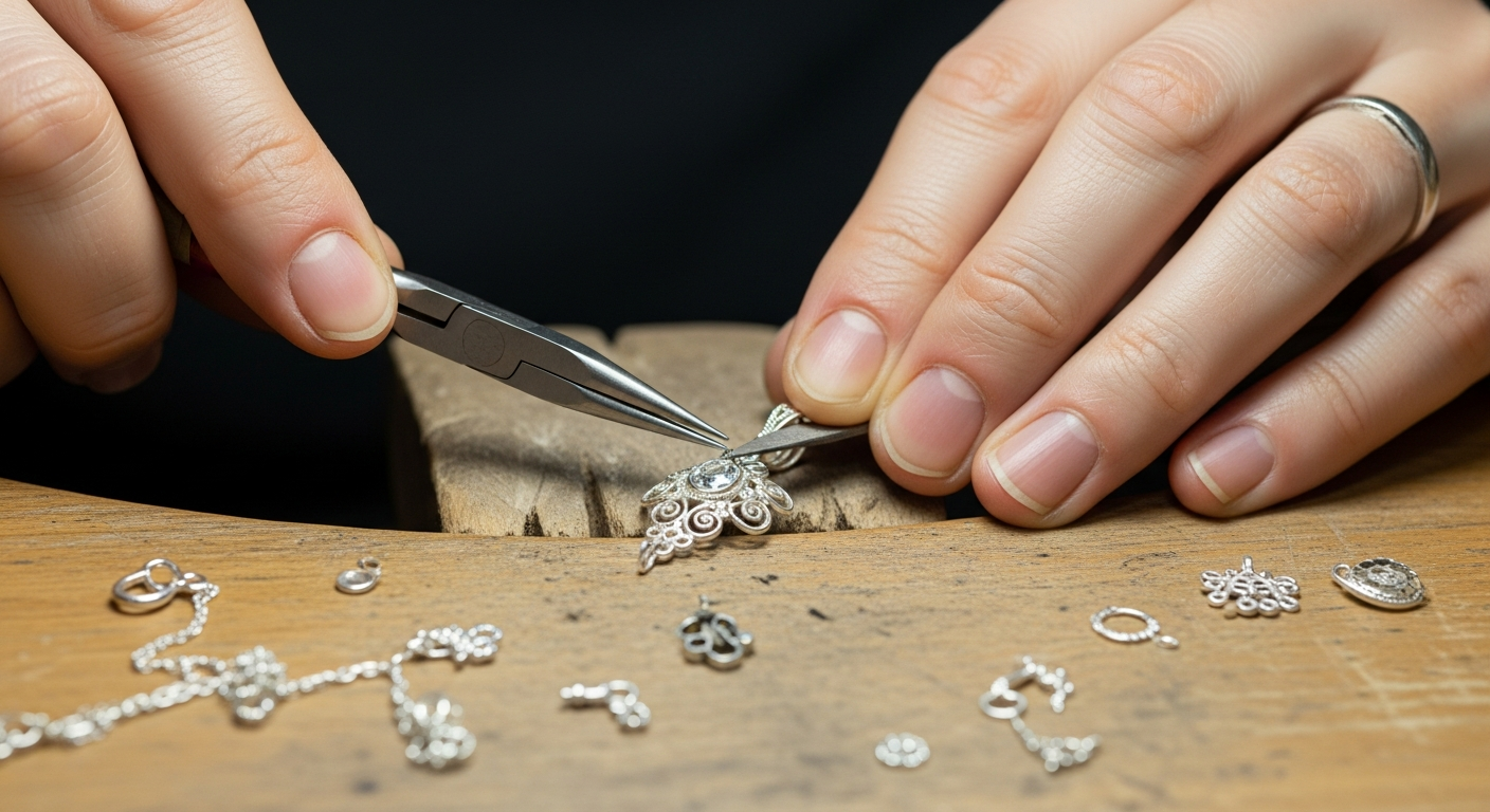 handmade jewelry Close-up of artisan hands meticulously crafting delicate handmade jewelry in a brightly lit studio, emphasizing detail and craftsmanship