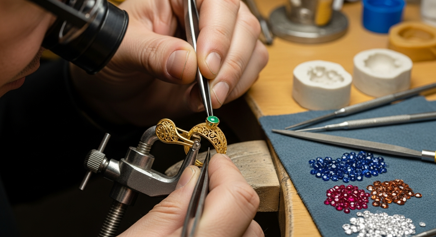handmade jewelry craftsmanship Close-up of intricate gold and gemstone jewelry being handcrafted by an artisan, with visible tools and delicate detailing, set against a backdrop of warm lighting, highlighting the detailed craftsmanship and sustainable materials used.