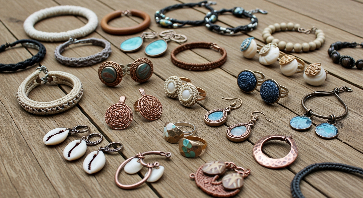 sustainable jewelry Elegant display of assorted handmade jewelry pieces with natural materials displayed on a rustic wooden surface, showcasing diversity and craftsmanship