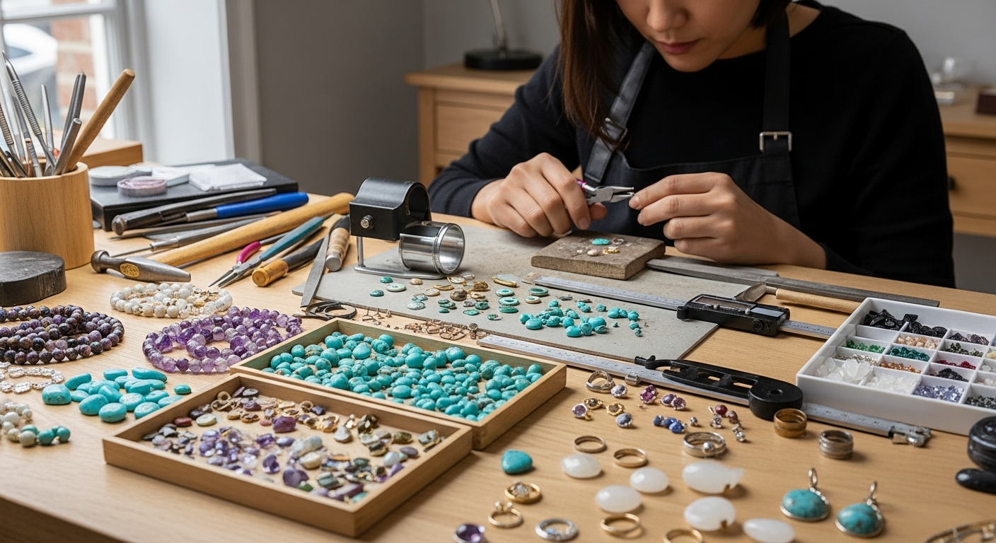 artisan jewelry Modern boutique studio with an artisan creating jewelry by hand at a worktable, various tools and gemstone materials scattered around, warm ambient lighting emphasizing craftsmanship