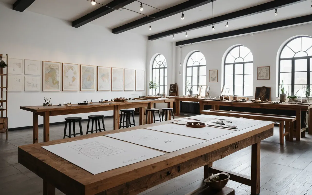 fashion studio Wide shot of a modern minimalist fashion studio with natural light, wooden tables, and sketches of jewelry designs, clean editorial photography