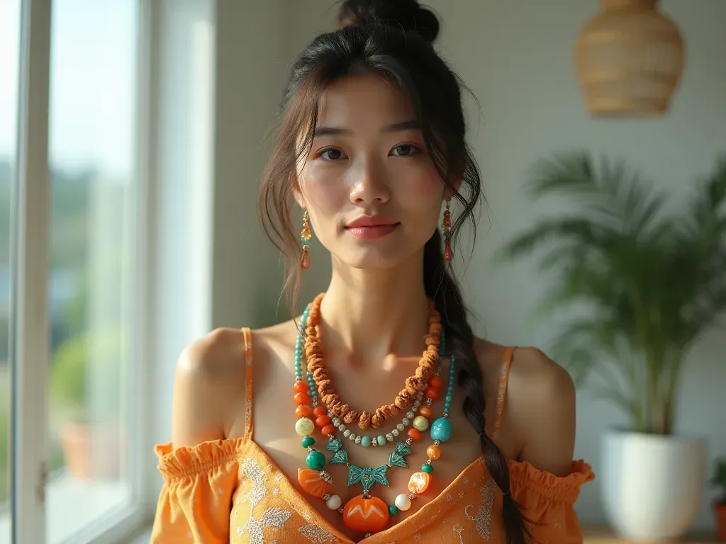A bright modern interior with a person wearing colorful glass beads layered over simple clothing in natural daylight highlighting the vibrant colors and artistic style.