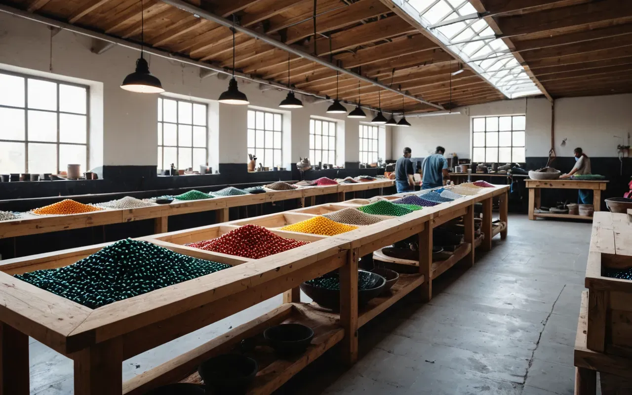 artisan jewelry workshop A bright modern workshop space with wooden workbenches where several artisans are sorting colorful beads into glass bowls under large skylights.