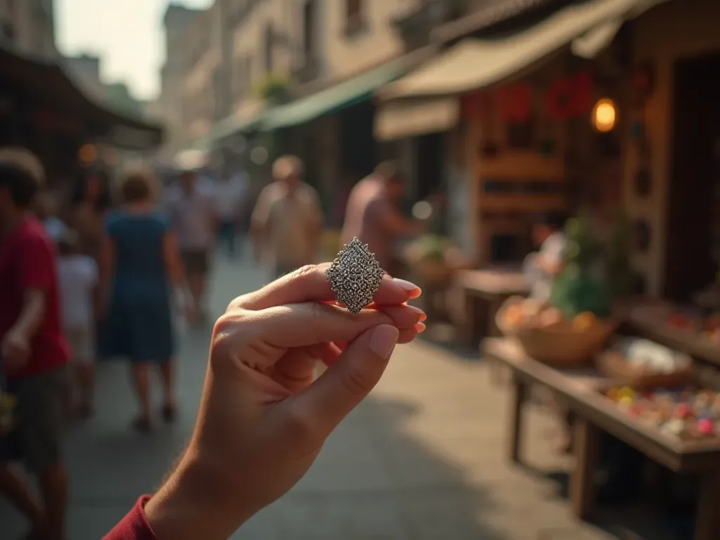 handmade jewelry discovery A close-up editorial shot of a woman's hand holding a delicate silver ring with intricate filigree details, soft focus background showing an outdoor art market setting
