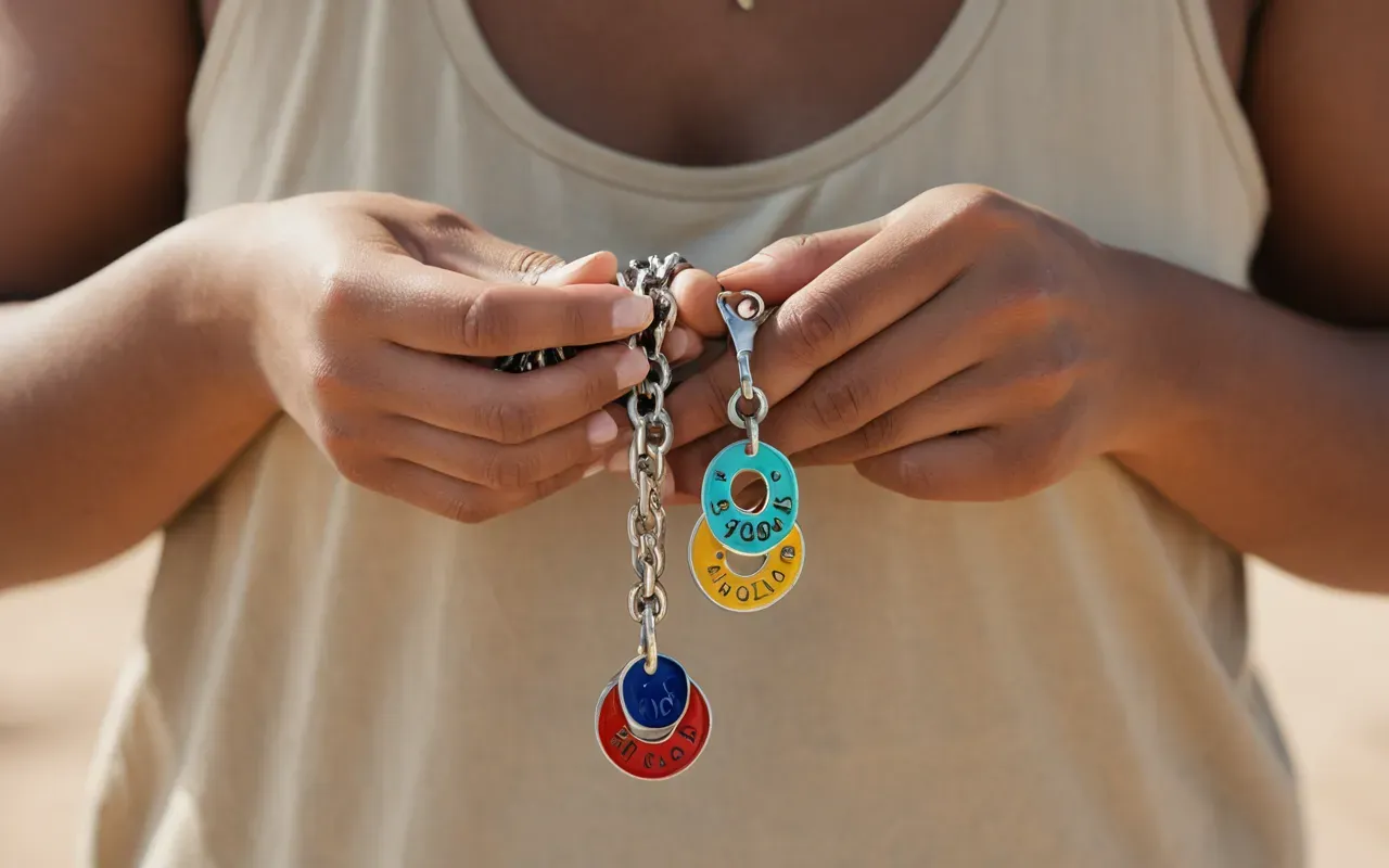 A close up of hands stacking colorful enamel charms on a silver chain against a soft beige background with warm natural lighting.
