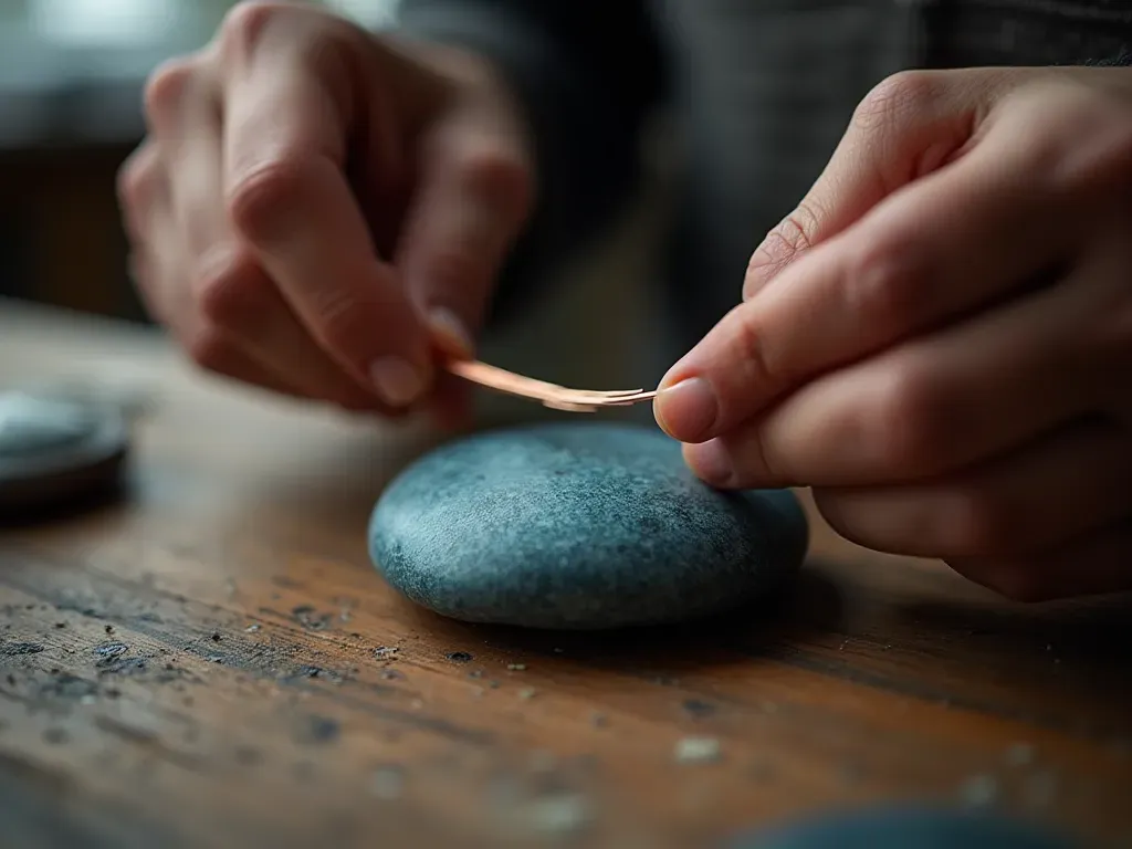A close-up of hands wrapping a thin copper wire around a smooth blue stone on a wooden workbench with soft natural light highlighting the texture