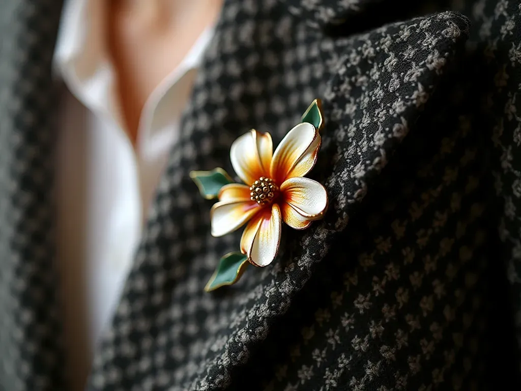 A close-up photo of a vintage floral enamel brooch pinned to the lapel of a textured tweed blazer. Soft natural lighting highlights the intricate details and glossy finish against the fabric weave.