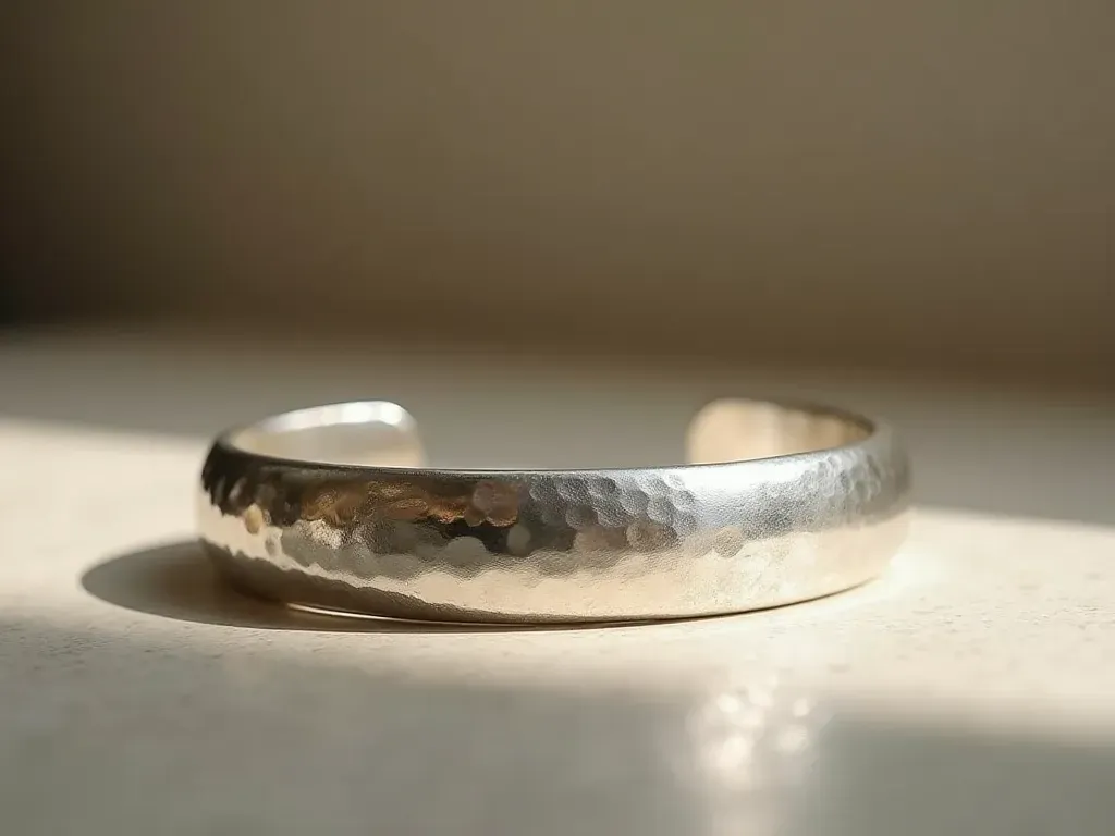 hand crafted silver cuff A close up photograph of a hand crafted silver cuff resting on a smooth neutral stone surface under soft natural window light highlighting intricate hammered textures and polished edges