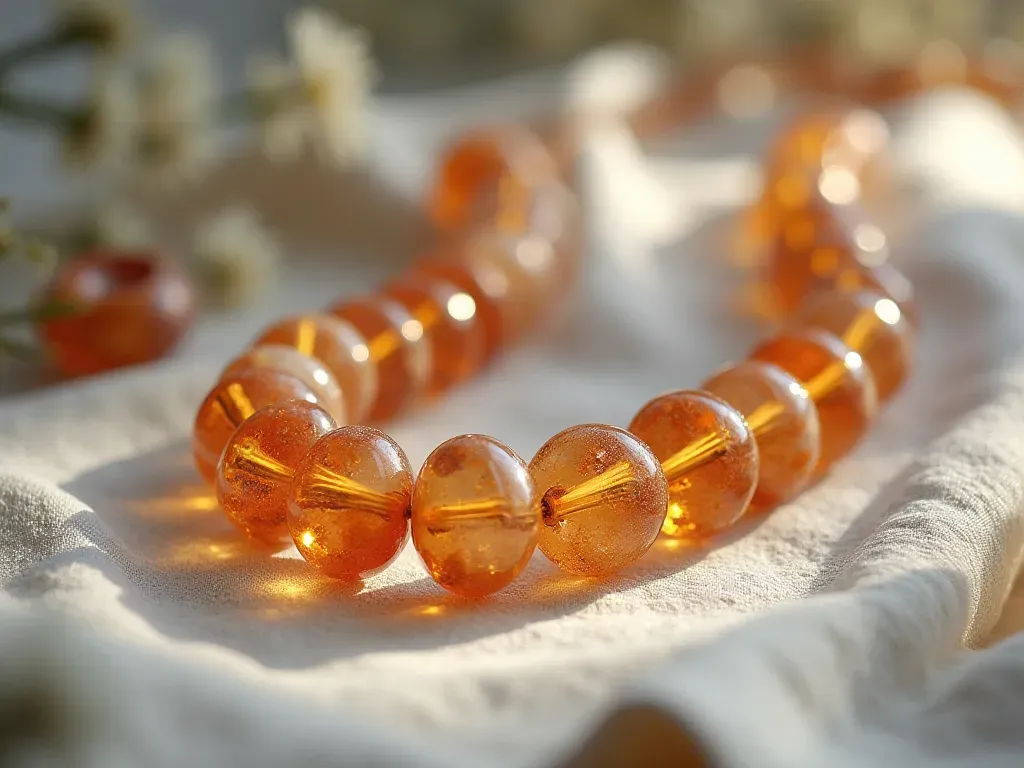 A close-up photograph of delicate handmade glass beads arranged on a neutral linen cloth with soft natural lighting highlighting their intricate textures and vibrant colors without any text or branding visible.