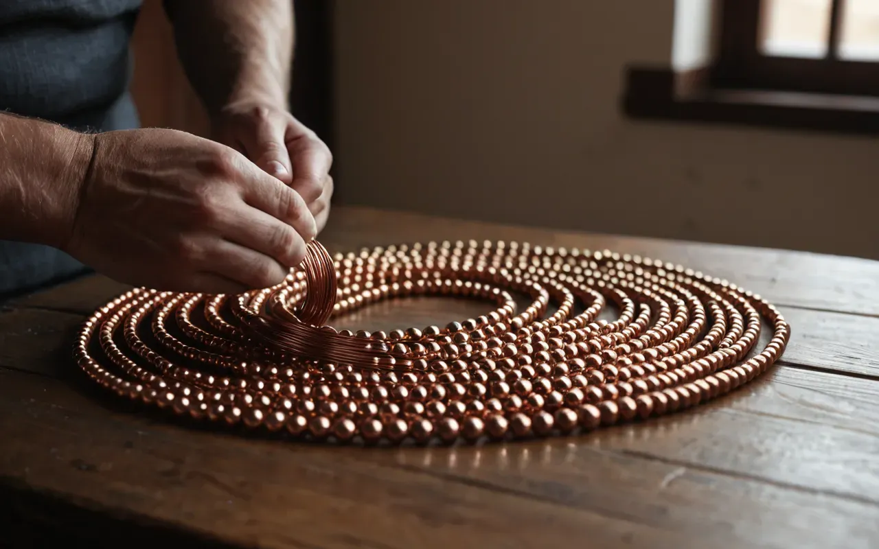 wire wrapping technique A close up photograph of hands twisting a spool of copper wire around smooth glass beads on a wooden table with soft natural light and no text visible.