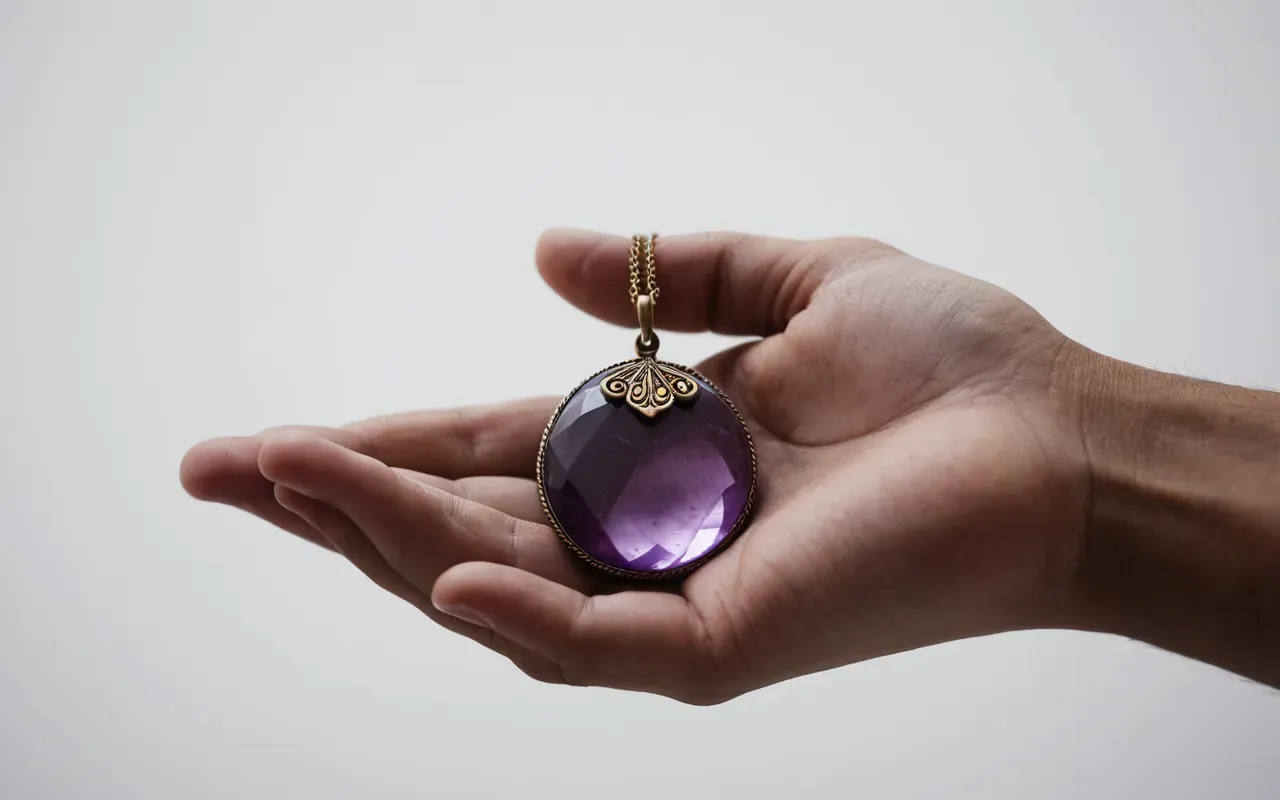translucent stone pendant A close up shot of a hand holding a small translucent purple stone pendant against a plain white background with soft natural lighting and no text or logos visible.