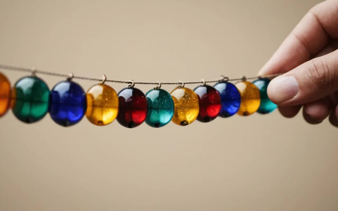 colorful glass bead strand A close up shot of a hand holding a vibrant string of multicolored glass beads against a neutral beige background with soft natural lighting highlighting the texture and transparency.
