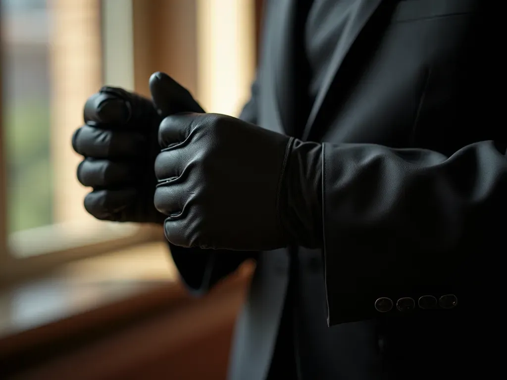 leather glove craftsmanship A close up shot of hands adjusting a pair of black leather opera gloves in natural window light with soft shadows and warm tones showing the texture of the material