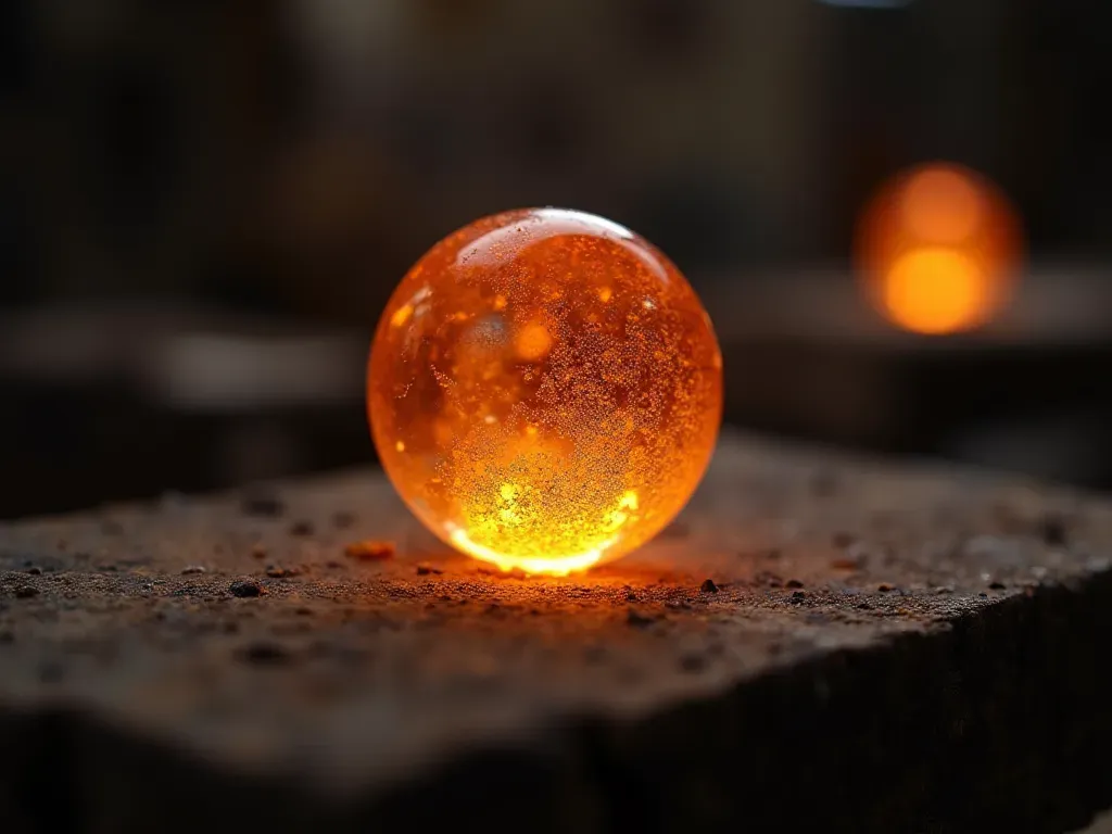 A close up view of a glass bead being shaped by molten light in a workshop setting with soft warm tones and artistic focus on the material texture.