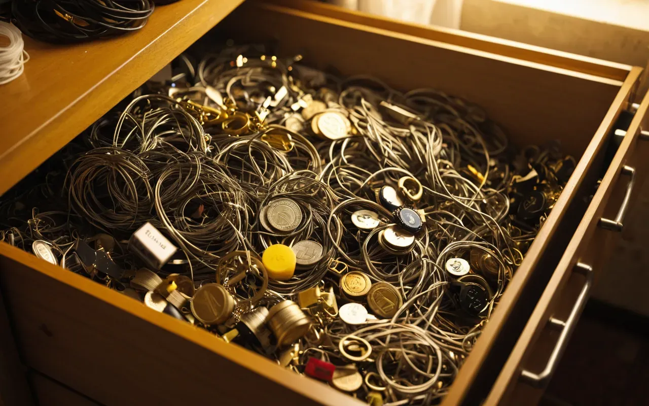 fast fashion waste A close up view of a messy drawer filled with tangled wire jewelry and broken plastic clips under warm yellow light showing the clutter of disposable fashion items.
