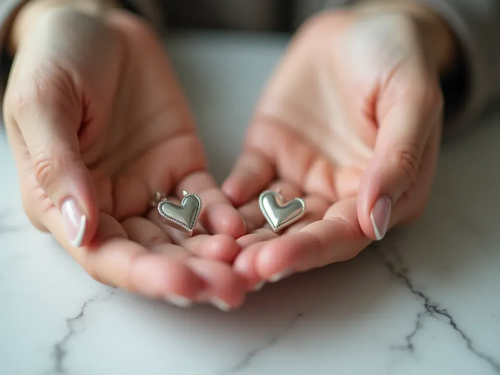 handmade heart earrings photo A close up view of hands holding a pair of small silver heart shaped earrings made with simple beads and wire loops on a white marble table surface under soft natural lighting.