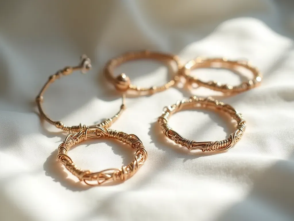 A collection of finished handmade wire wrapped bracelets and rings displayed on a white linen cloth with soft shadows creating an elegant aesthetic