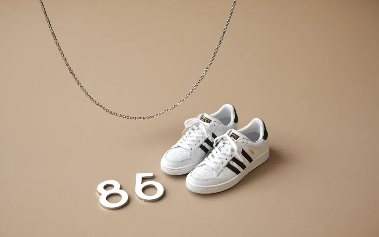 minimalist fashion styling A flat lay arrangement of a single elegant silver necklace and a pair of simple white sneakers on a clean beige background showing a minimalist aesthetic with soft natural shadows.