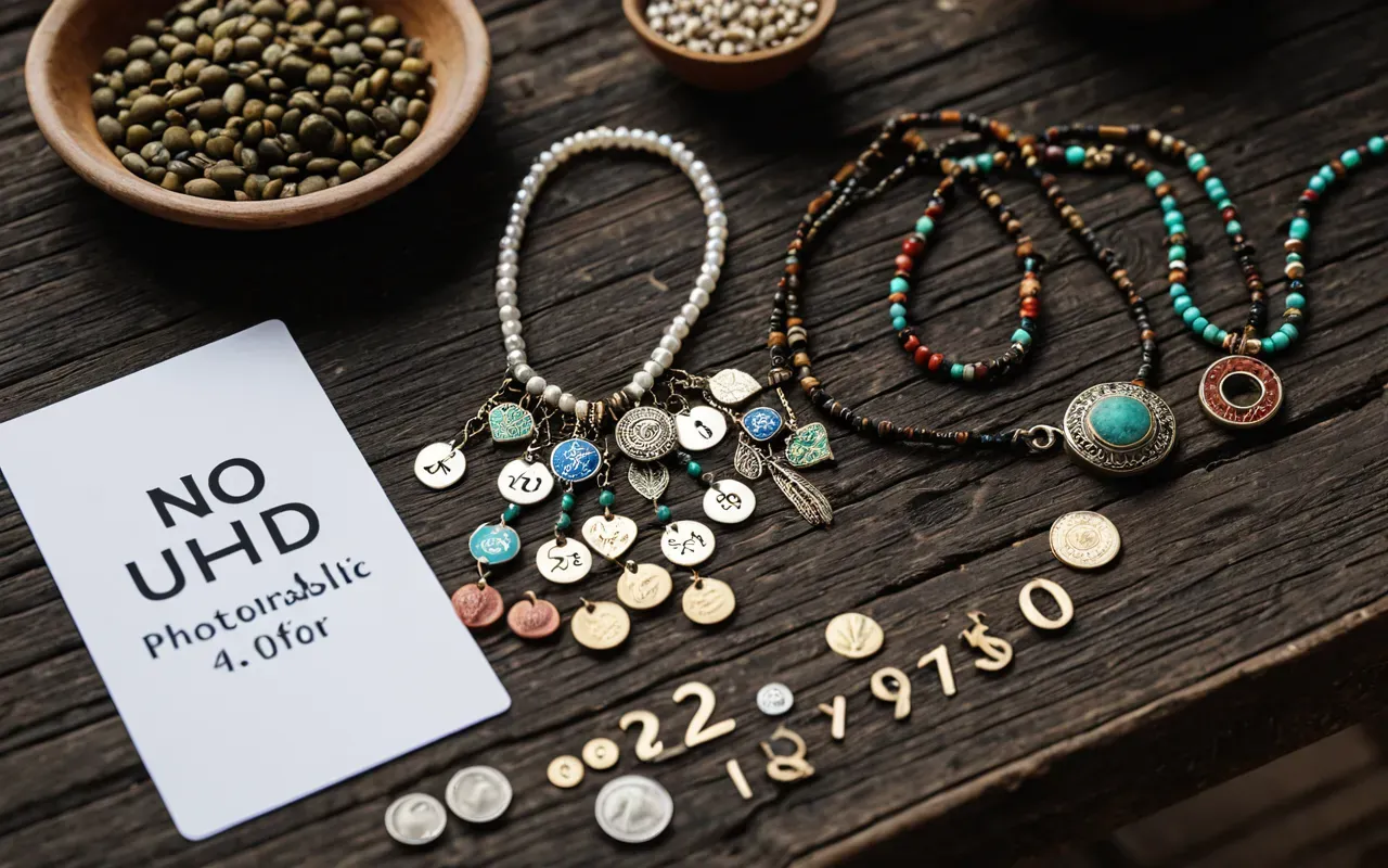 handmade jewelry arrangement A flat lay composition of several colorful handmade jewelry pieces arranged on a rustic wooden table with soft afternoon light casting gentle shadows and no text or branding visible.