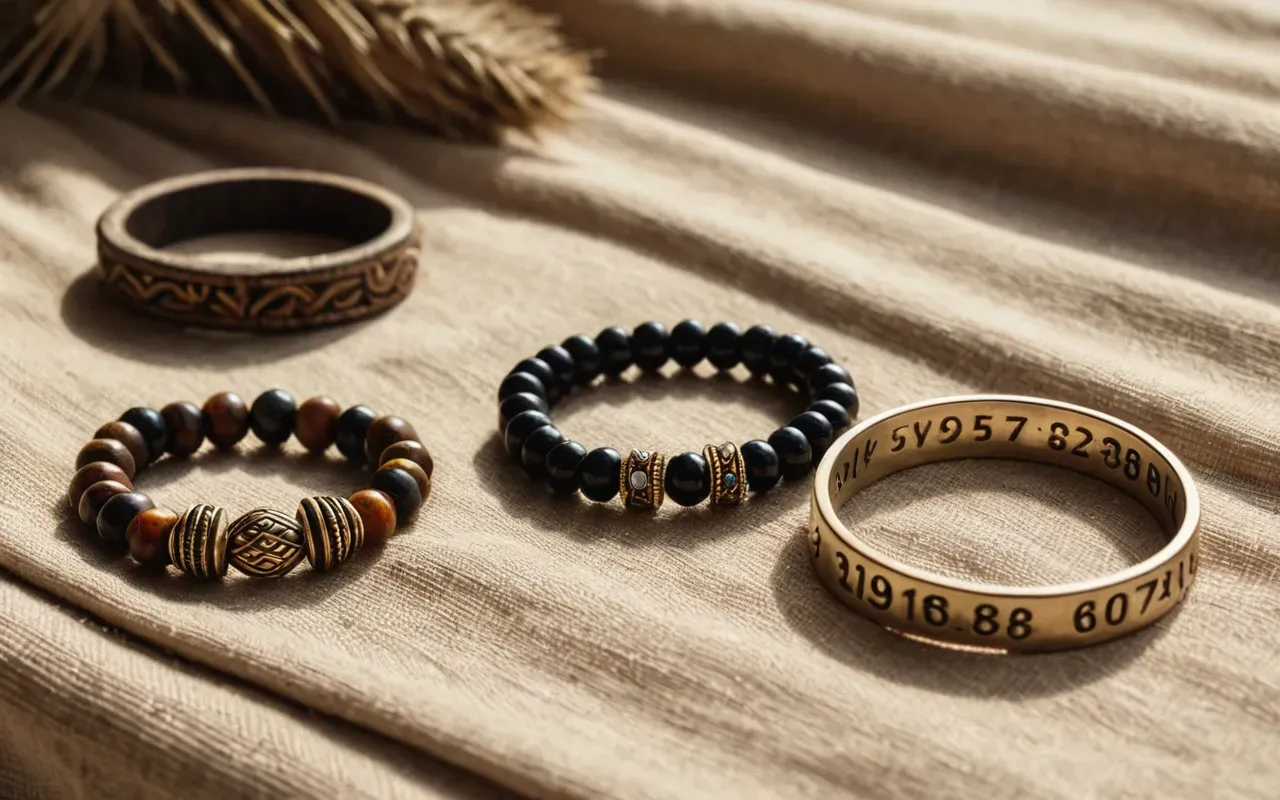 handmade jewelry collection display A flat lay composition of various handmade beaded bracelets and rings arranged on a neutral beige linen fabric with soft shadows and natural sunlight.