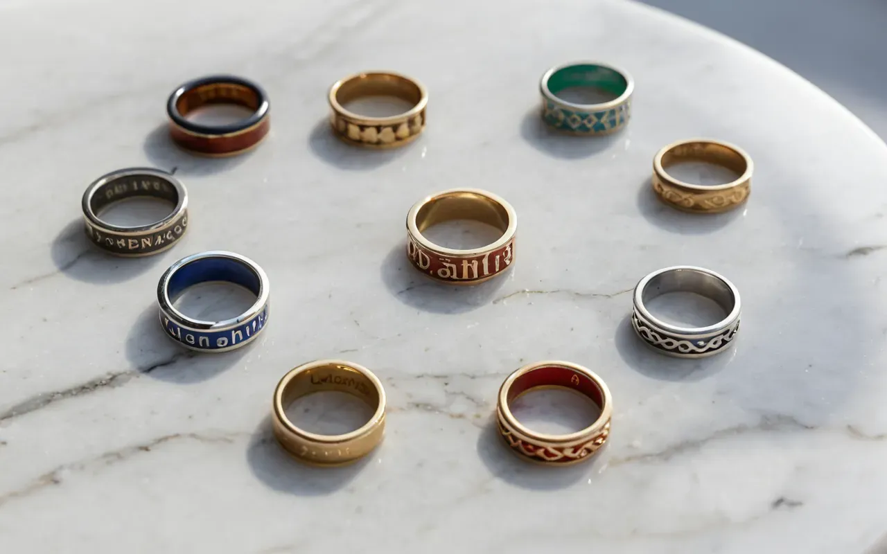 A flat lay of several different colored enamel rings and charms arranged in a neat circle on a white marble surface with soft shadows.