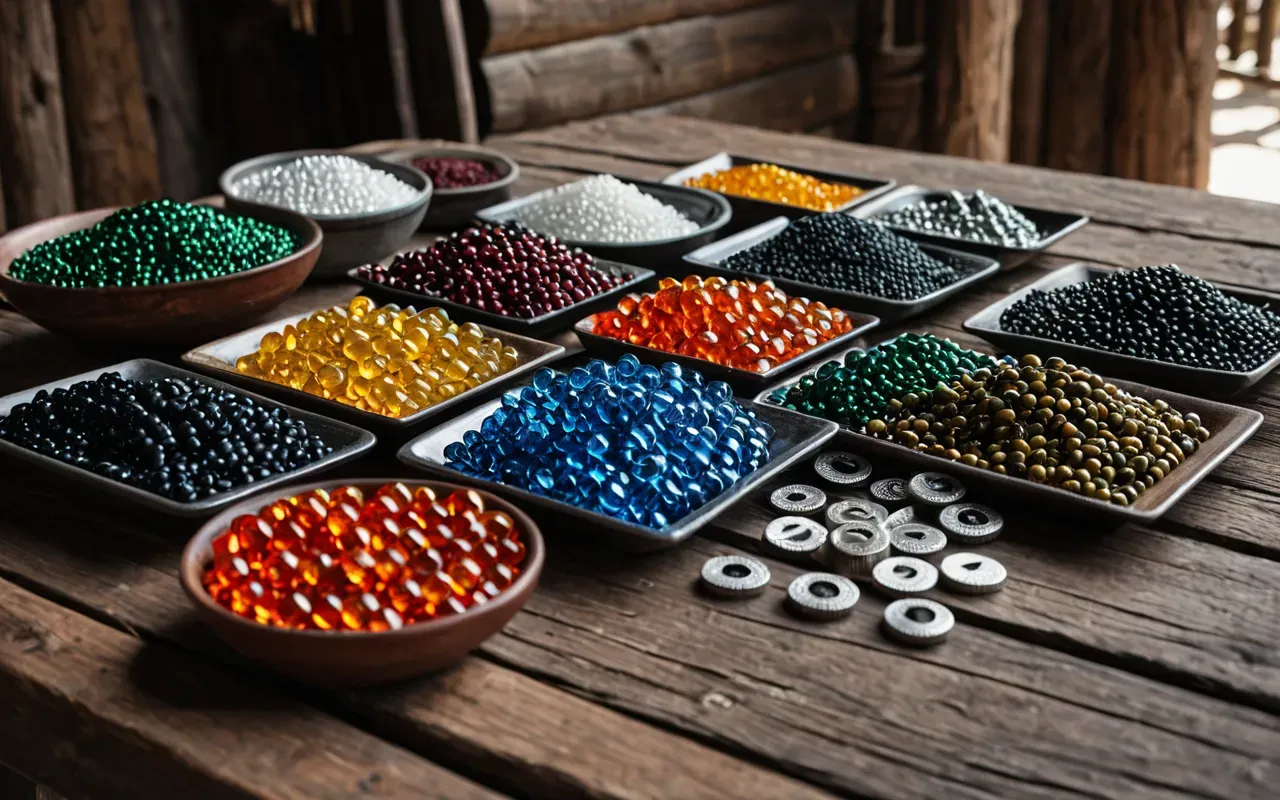 A flat lay of various colorful glass beads and silver wires arranged on a rustic wooden table with soft shadows.