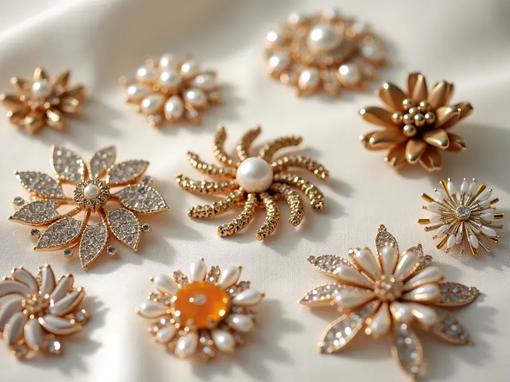 A flat lay of various handmade brooches arranged on a neutral linen background. Include floral designs, geometric shapes, and pearl accents under soft studio lighting to showcase craftsmanship details.