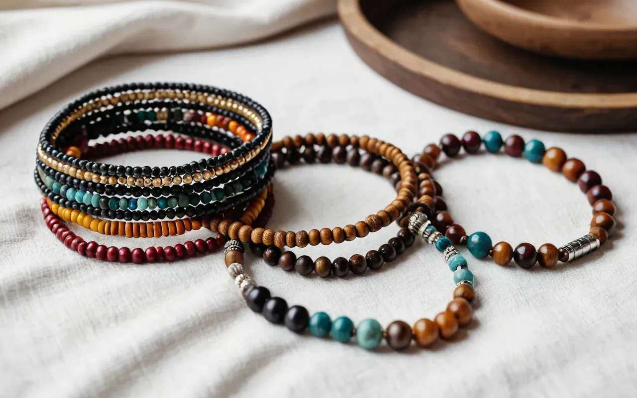 handmade jewelry collection display A flat lay photograph of various handmade bracelets and necklaces arranged on a white fabric surface showing different bead colors and wire styles under bright studio lighting.