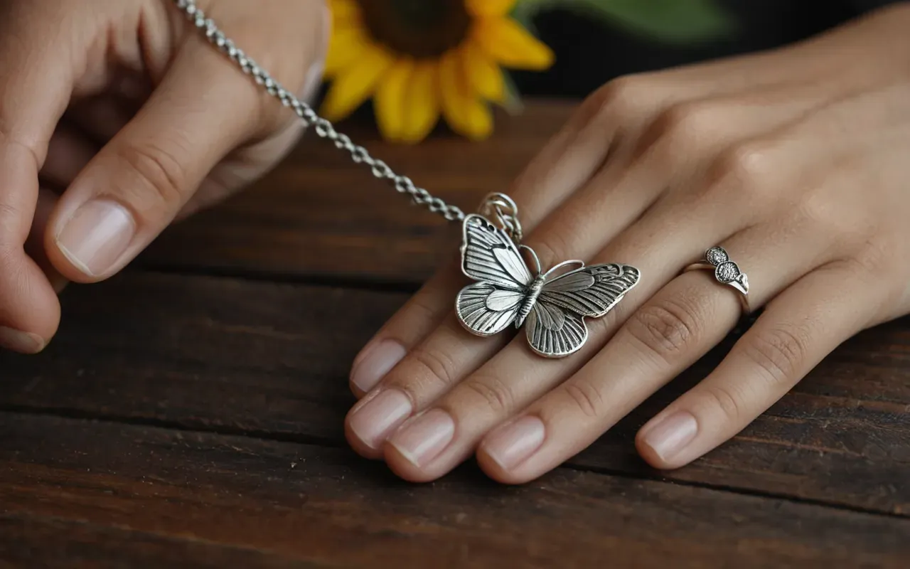 A hand holding a delicate silver ring with a butterfly cutout next to a small sunflower necklace on a wooden table surface.