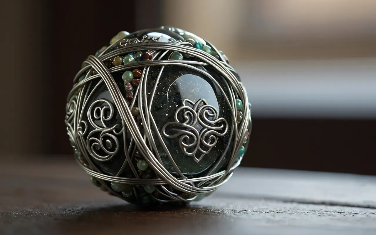 glass bead jewelry close up A macro shot of a finished glass bead encased in intricate silver wire wrapping showing the texture and light reflection without any text or labels.
