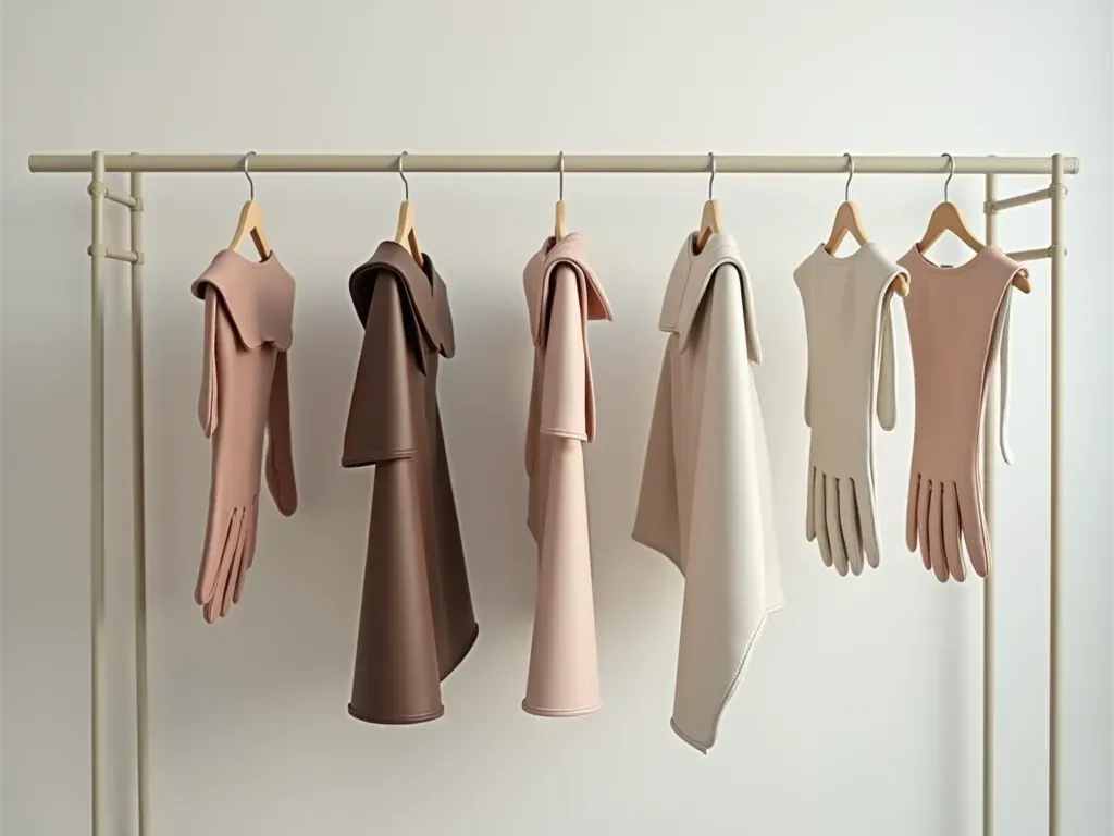 minimalist fashion display A minimalist clothing rack displaying several pairs of elegant gloves in different neutral colors against a clean white wall with soft natural lighting and no visible text or branding