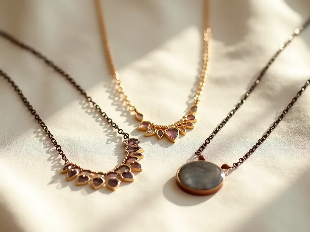 artisanal necklaces A minimalist flat lay composition showing three distinct artisanal necklaces arranged neatly on a clean linen background with warm diffused lighting emphasizing chain links and stone pendants