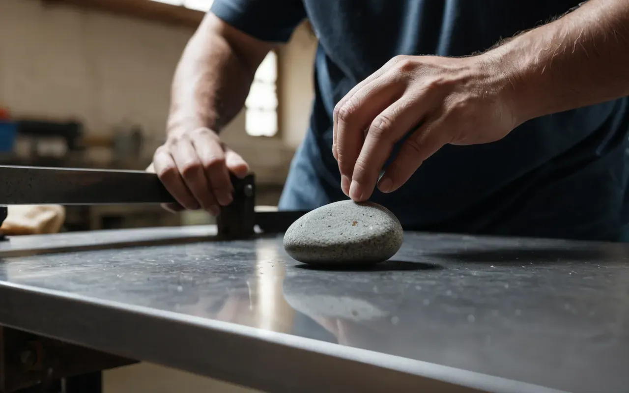 craftsman at work detail A pair of hands carefully placing a small natural stone into a metal setting on a clean workbench with soft focused light and no text or tools visible in the background.