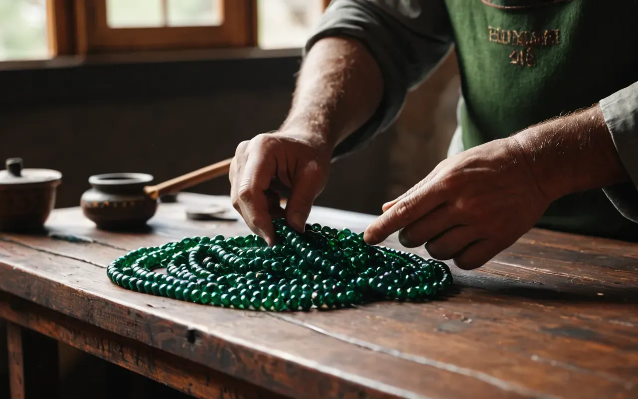 artisan jewelry making process A pair of hands carefully wrapping copper wire around a green glass bead on a wooden workbench with natural light highlighting the intricate texture and craftsmanship details.