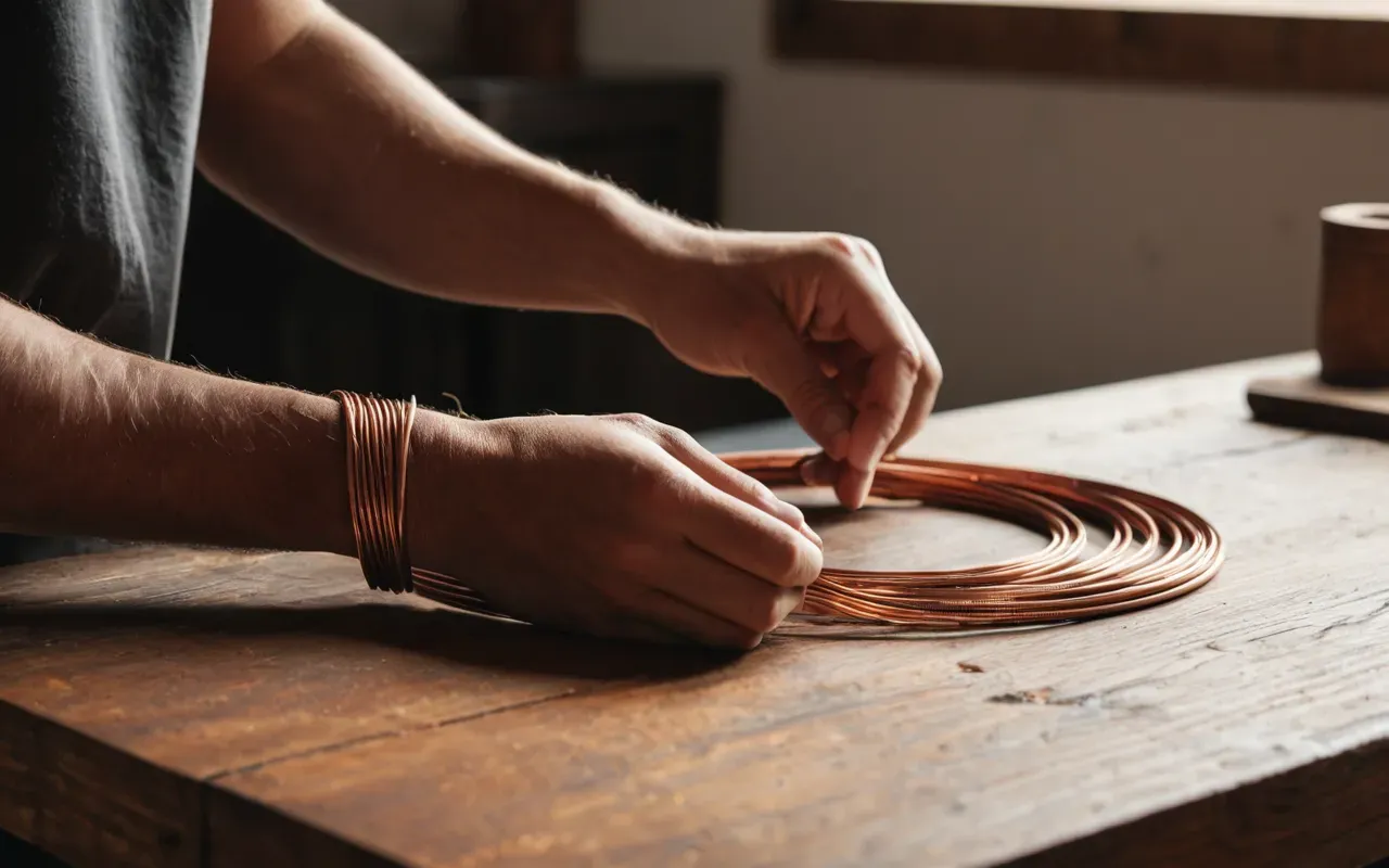 A pair of hands carefully wrapping thin copper wire around a wooden bead on a clean white workbench with warm ambient light.