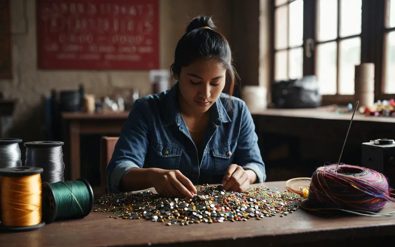 A person sitting at a creative studio desk surrounded by colorful threads and small metal components with focused lighting.