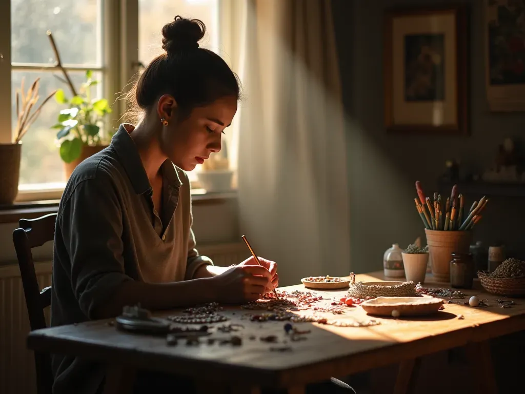 jewelry making workspace scene A person sitting at a wooden desk working on a small jewelry project with tools and beads neatly arranged around them in a cozy room with warm afternoon sunlight streaming through a window.