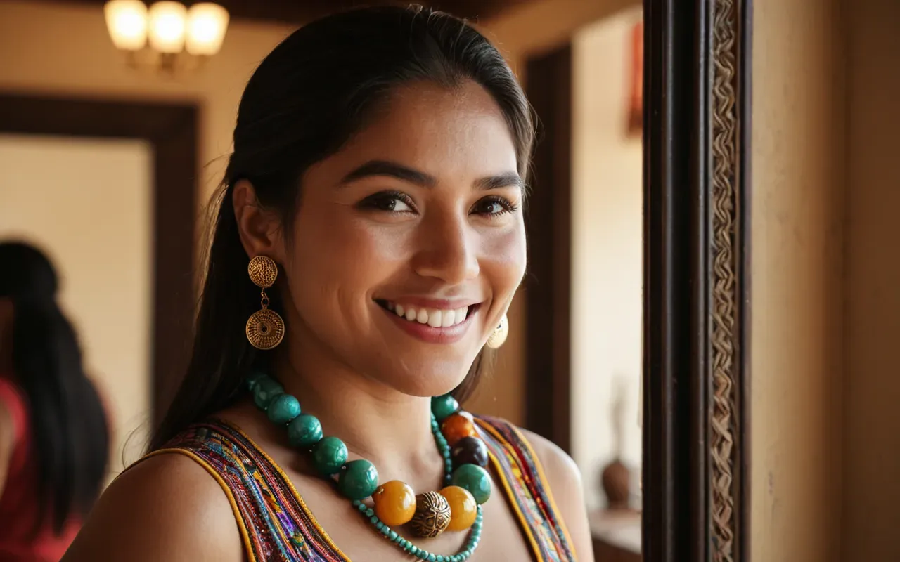 styling handmade accessories A person wearing a large colorful glass bead necklace and matching earrings while looking in a mirror with warm indoor lighting and a relaxed happy expression.