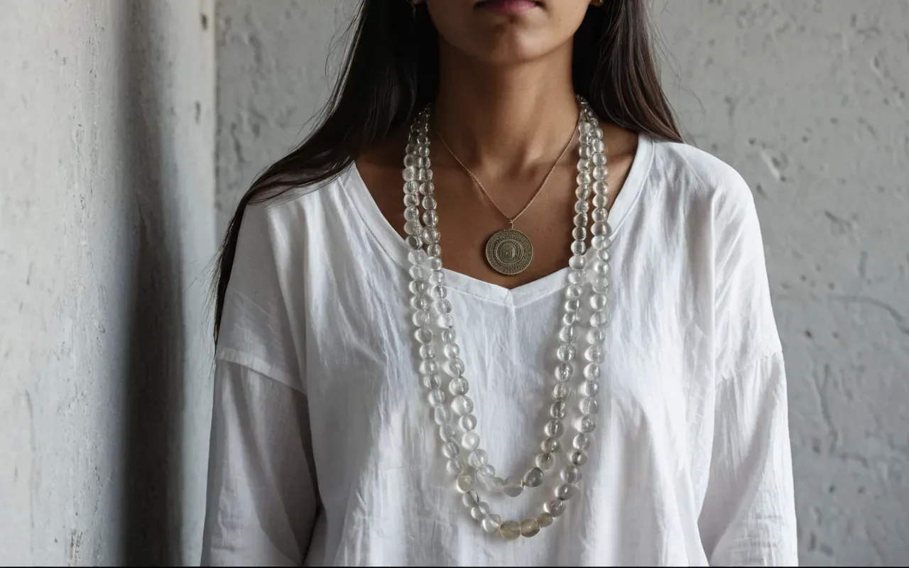layered glass bead necklace style A person wearing a long necklace made of large clear glass beads layered over a white cotton shirt standing in front of a plain light grey wall.