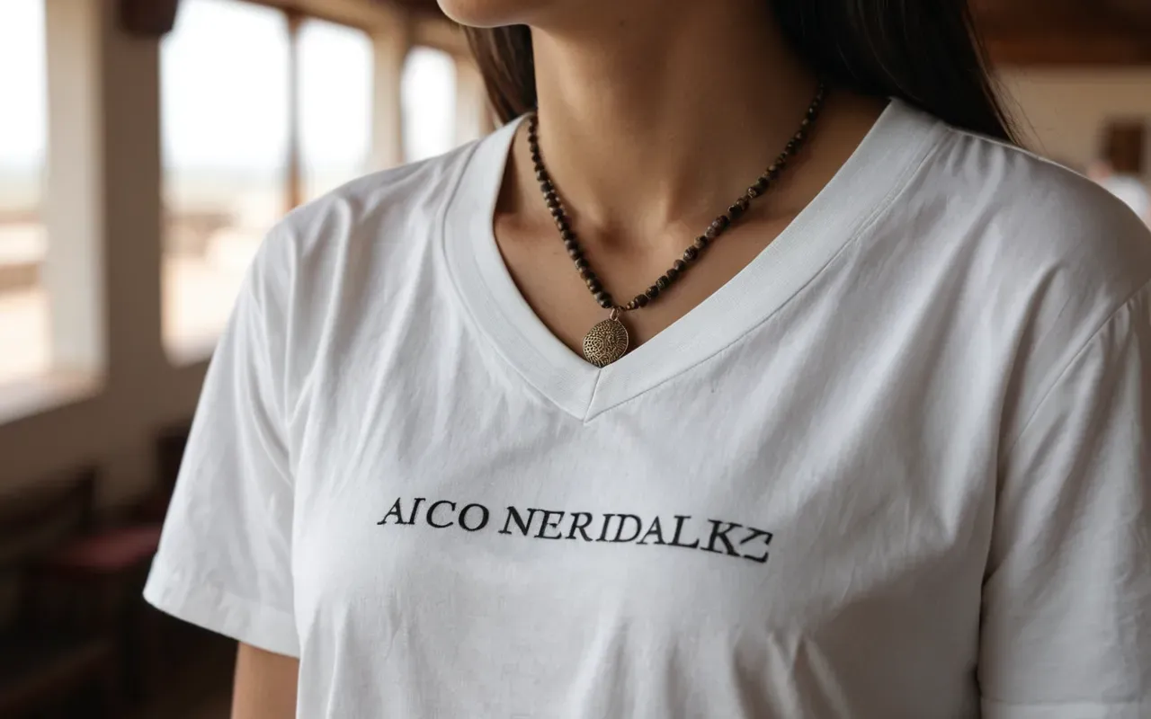 elegant pendant styling A person wearing a simple white shirt with a single elegant pendant necklace visible against the collarbone area in bright indoor lighting and no text or background distractions.