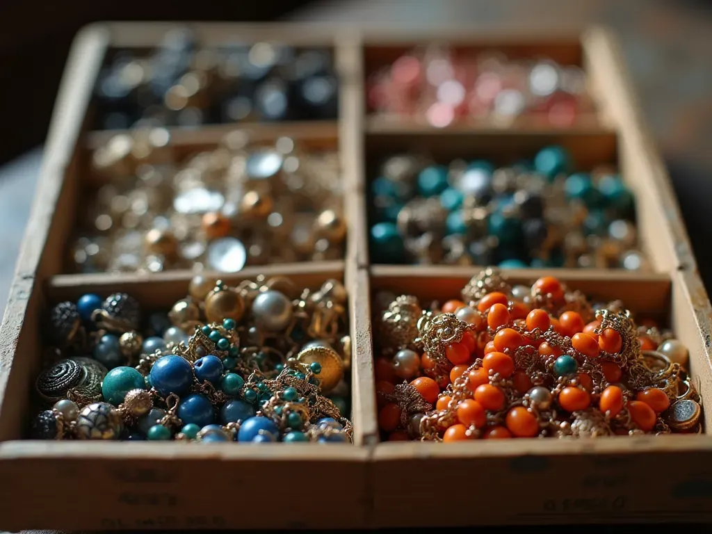 sustainable vs disposable jewelry A split view showing a pile of discarded cheap plastic earrings on one side and a neat organized box of high quality handmade beaded jewelry pieces on the other side in bright daylight.
