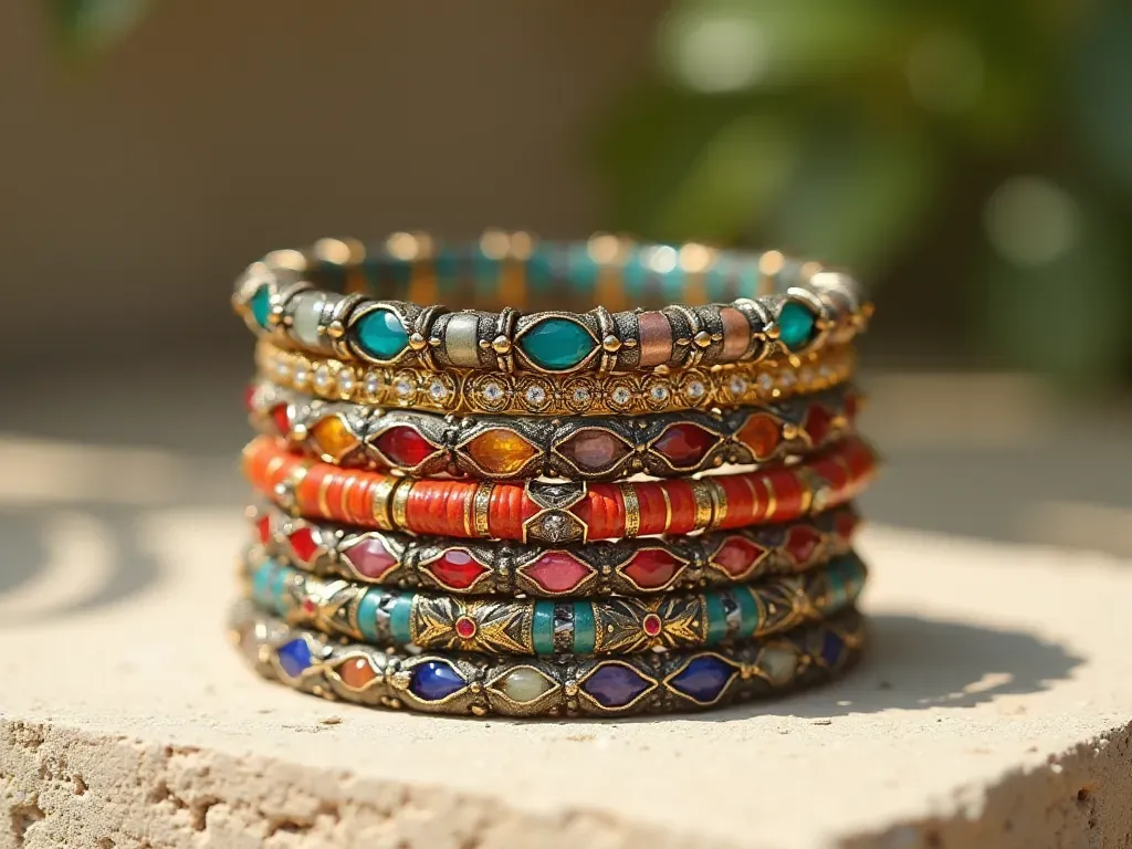 A stack of vibrant colorful bracelets featuring intricate enamel patterns and gemstones resting on a smooth neutral stone surface, bright natural daylight casting soft shadows, high contrast highlighting the vivid colors and metallic textures, clean minimalist composition.