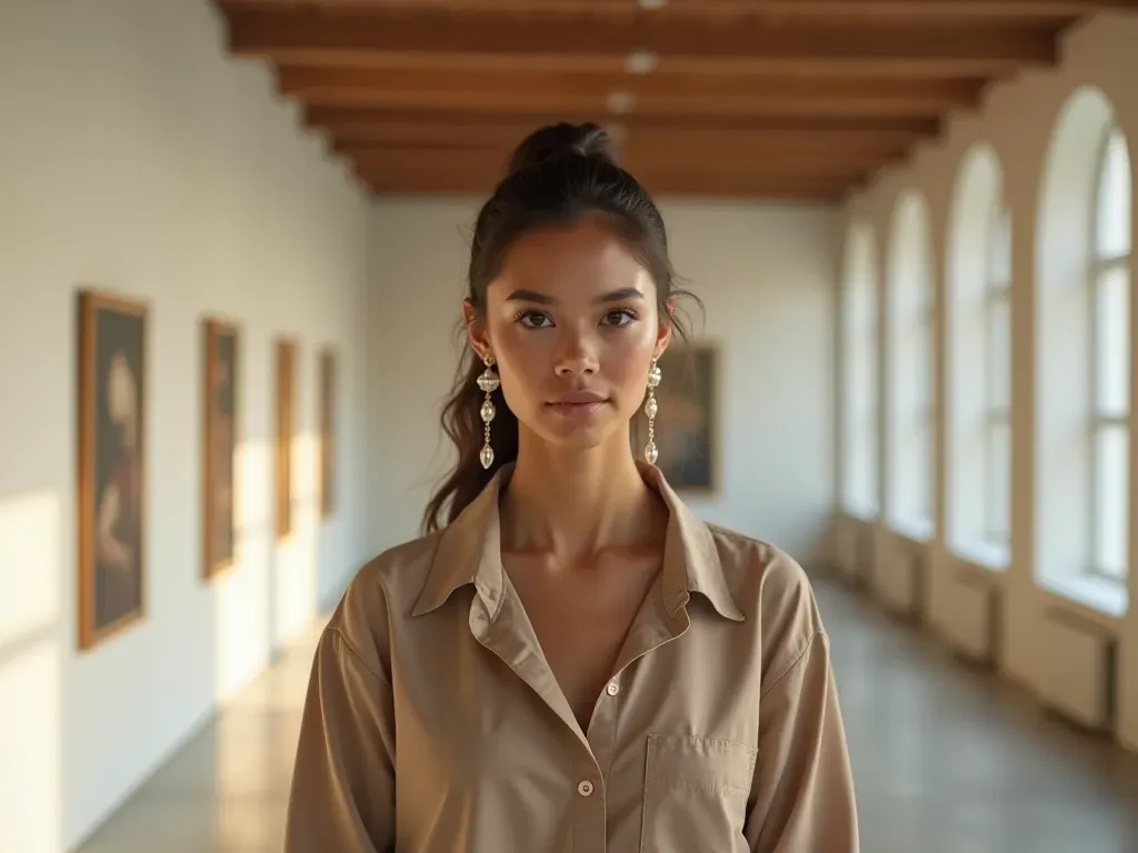artisan style inspiration A stylish woman standing in a modern minimalist gallery space, wearing a single large artisan earring, looking confidently at the camera with soft diffused lighting