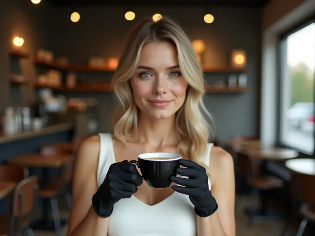 everyday elegance style A stylish woman wearing black opera gloves with a simple white dress and holding a coffee cup in a modern cafe setting with natural light and blurred background
