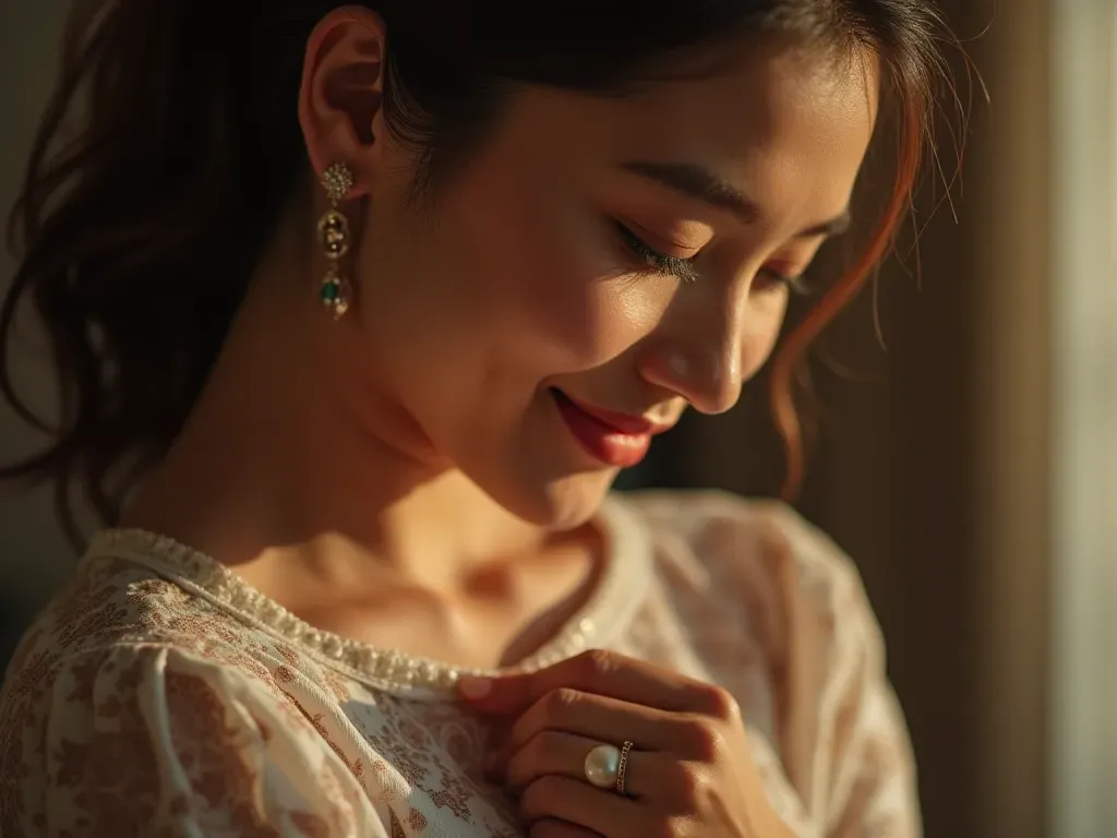 A woman adjusting a delicate pearl brooch on her shoulder while smiling softly. Warm indoor lighting creates an inviting atmosphere emphasizing personal connection to the accessory.