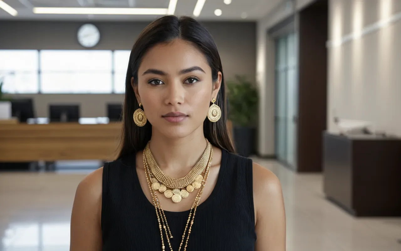 A woman wearing a layered necklace with mixed materials and simple gold earrings while standing in a modern office lobby.